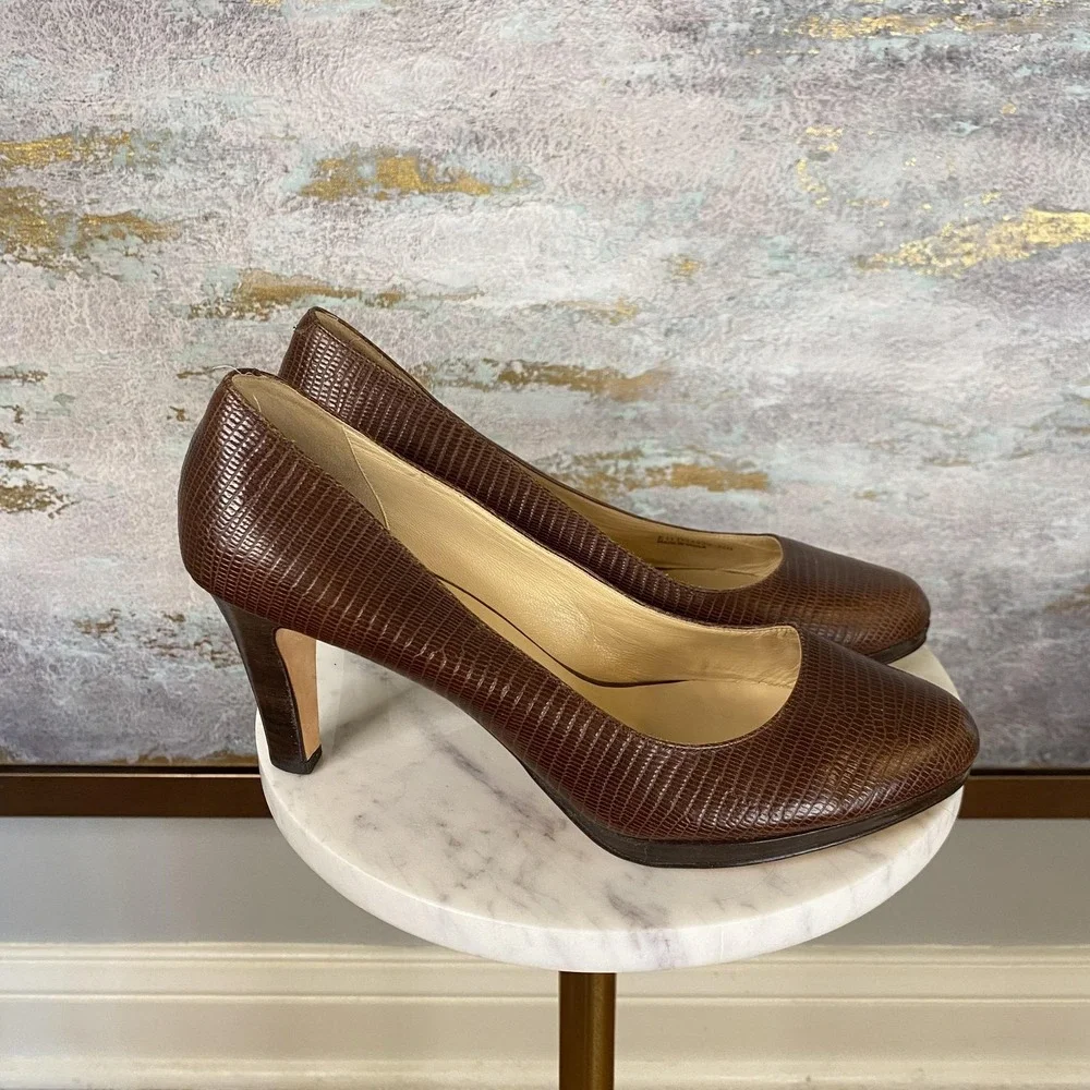 Cole Haan Shoes Womens Size 7.5 Brown Leather Round Toe High Heel Textured Pumps